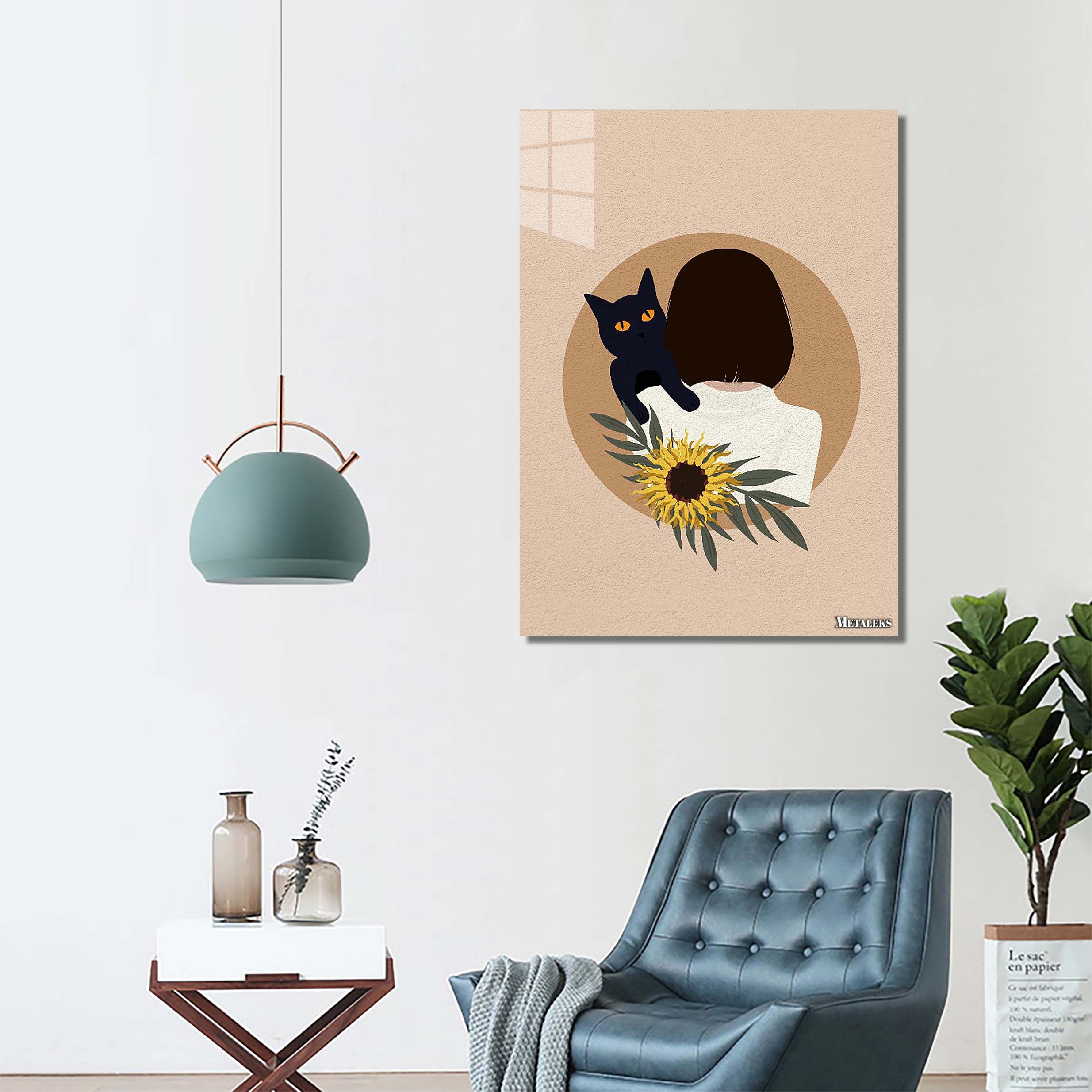 Vintage Minimal art cat and woman and black cat