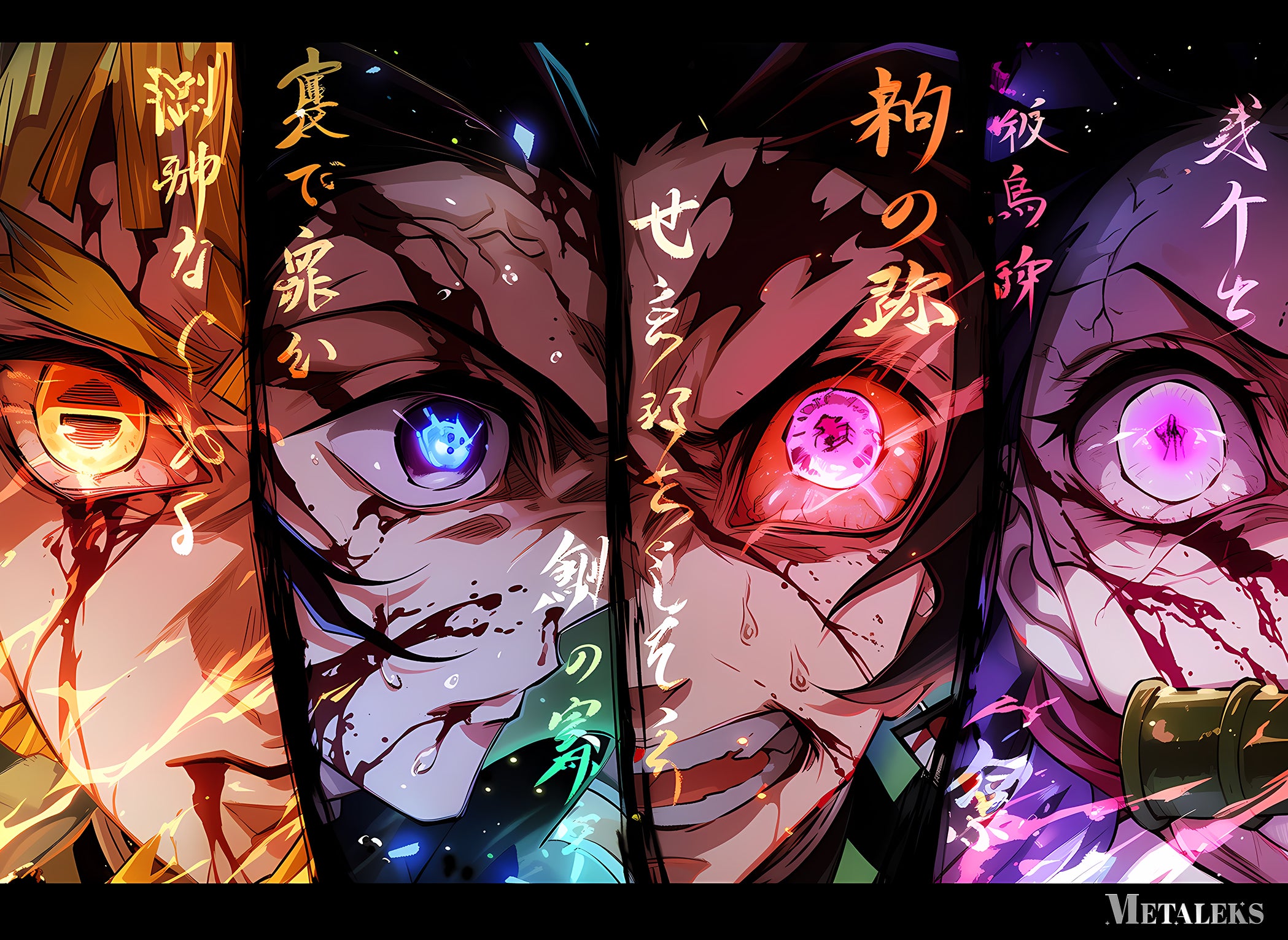 Zenetsu, Inosuke, Tanjiro, and Nezuko, | Demon Slayer