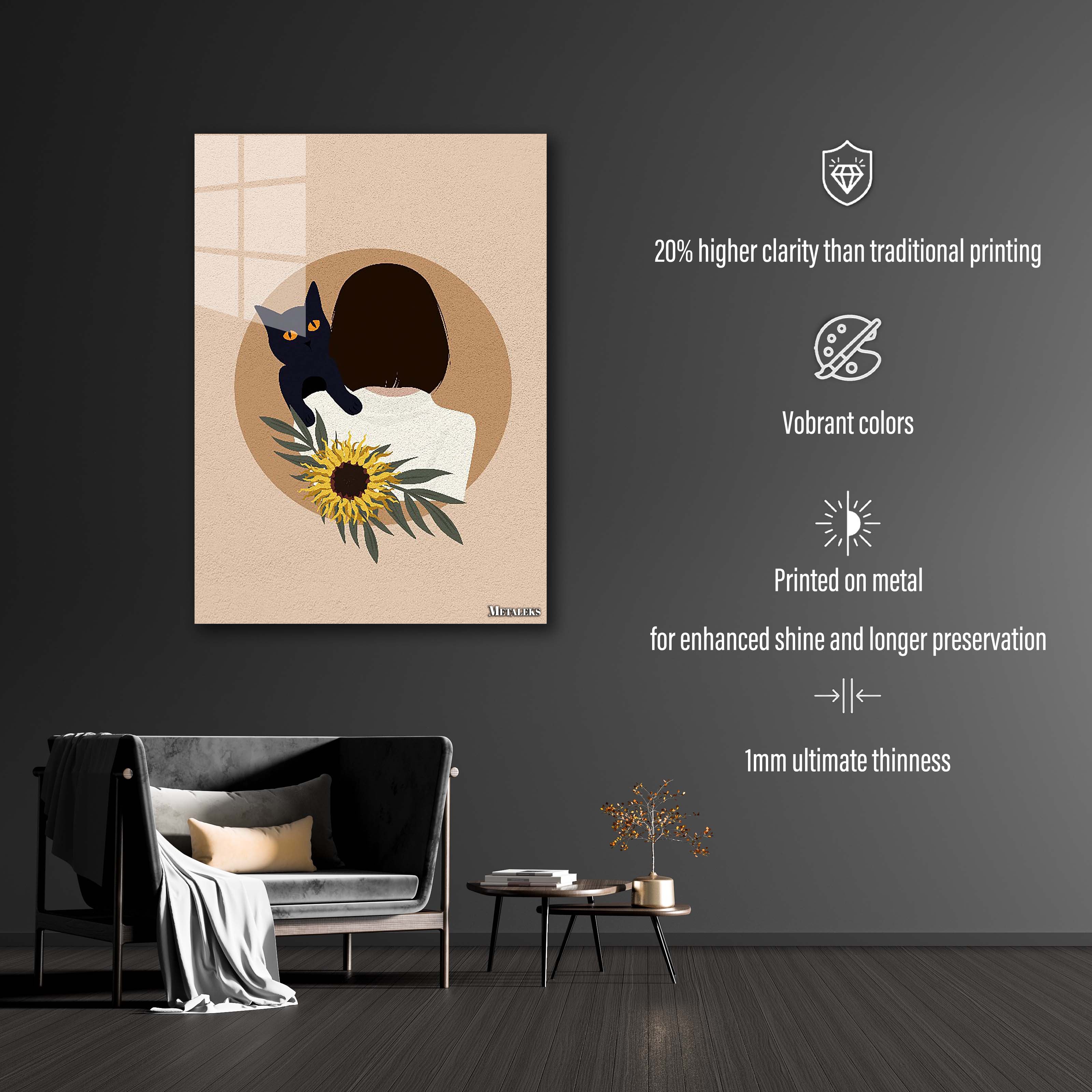Vintage Minimal art cat and woman and black cat